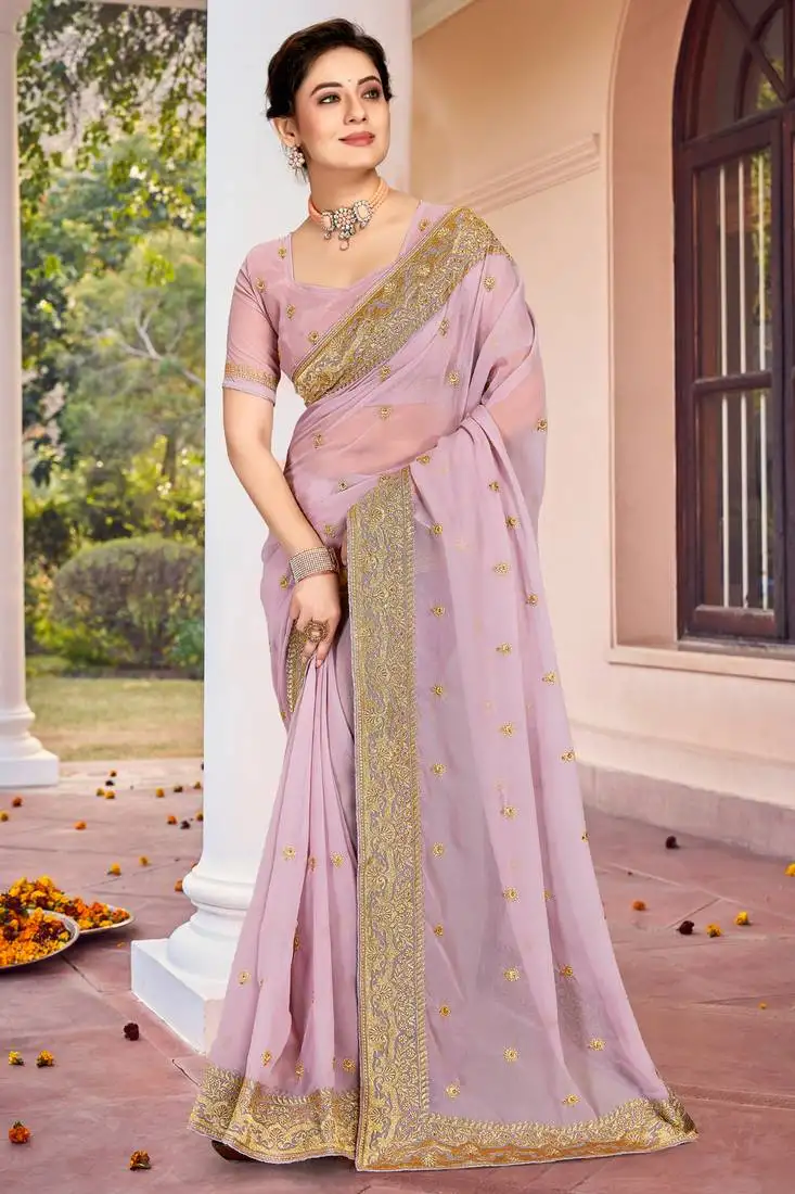Lavender zari embroidered border georgette saree with matching blouse
