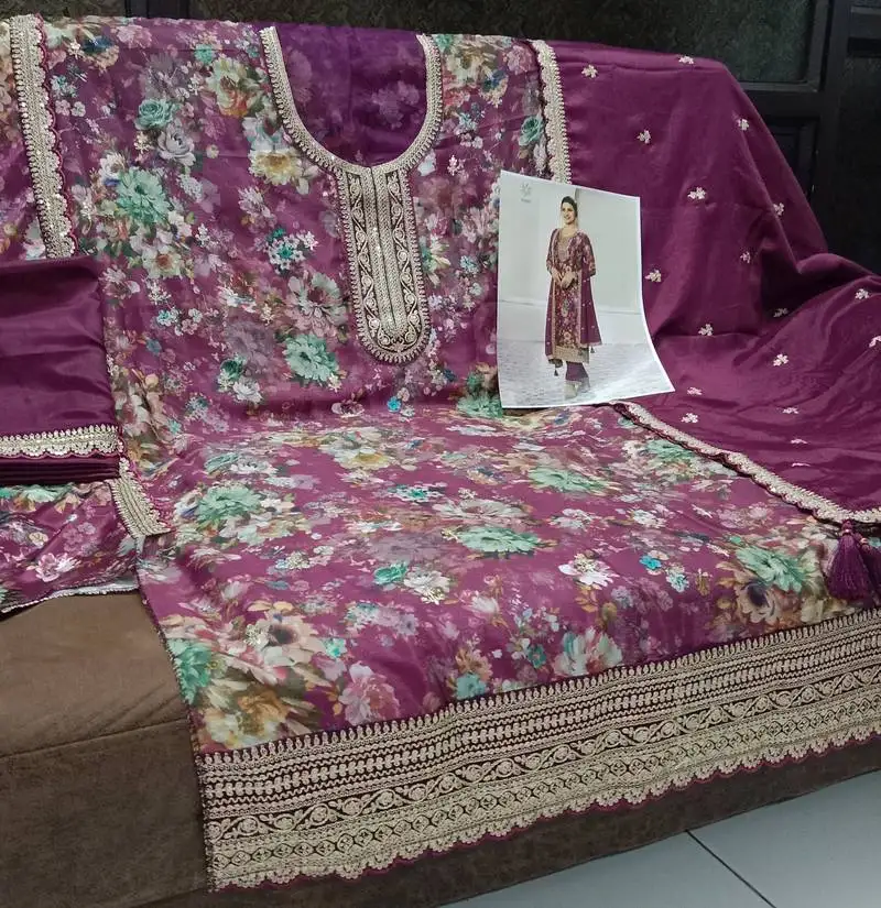 Magenta floral print heavy chinon semi stitched ceremonial suits