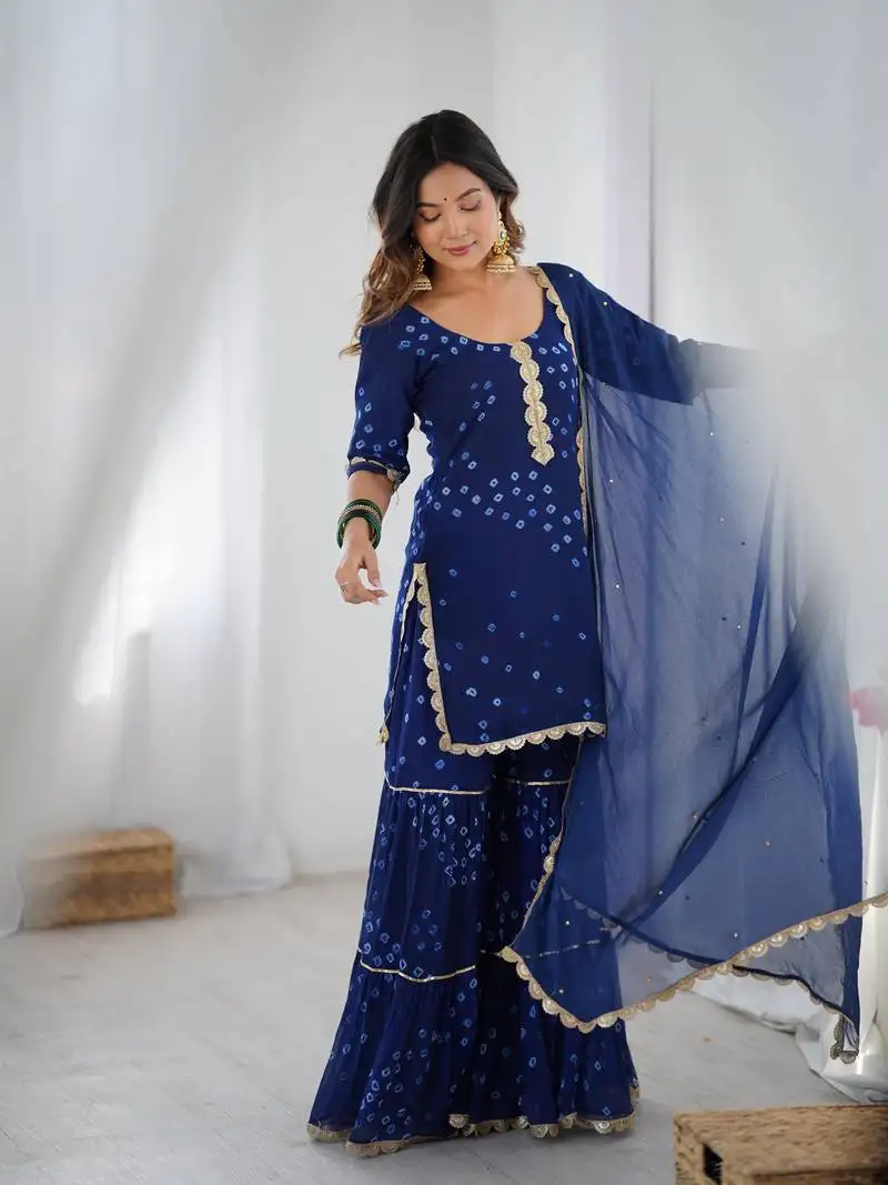 Mid night blue sharara kurta and dupatta set stitched
