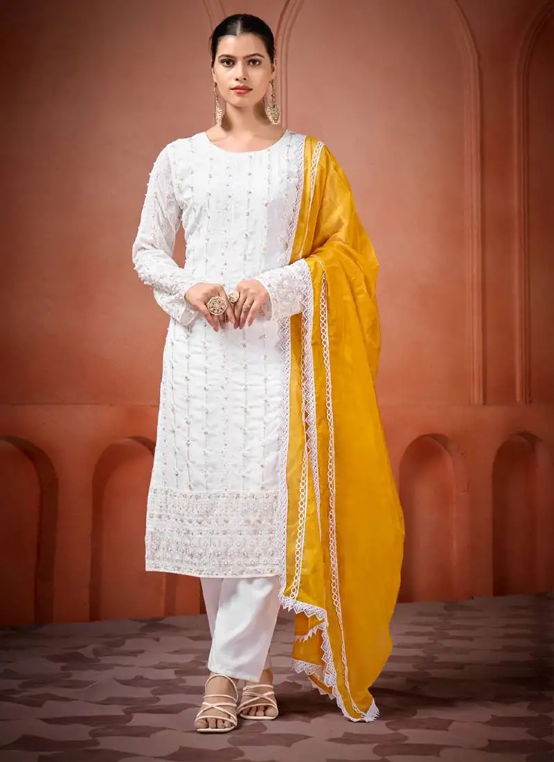 Off white georgette embroidered salwar suit stitched
