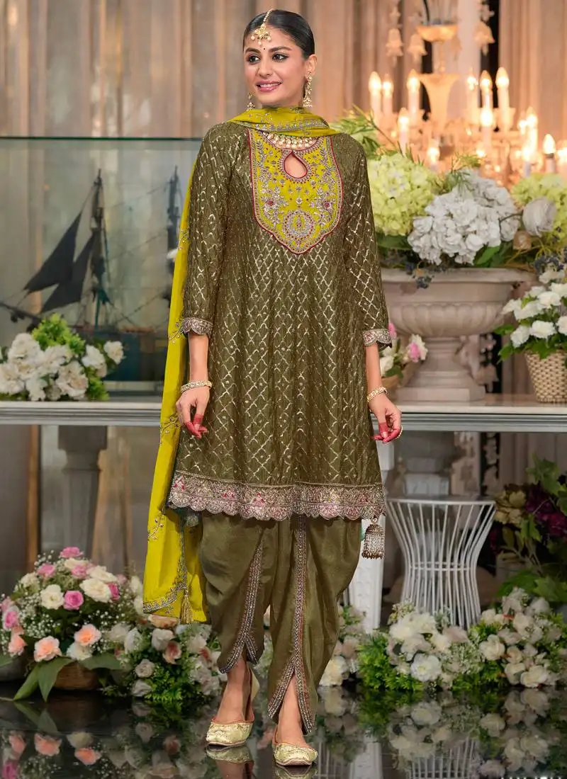 Dark mahendi chinon silk embroidered designer dhoti suit stitched