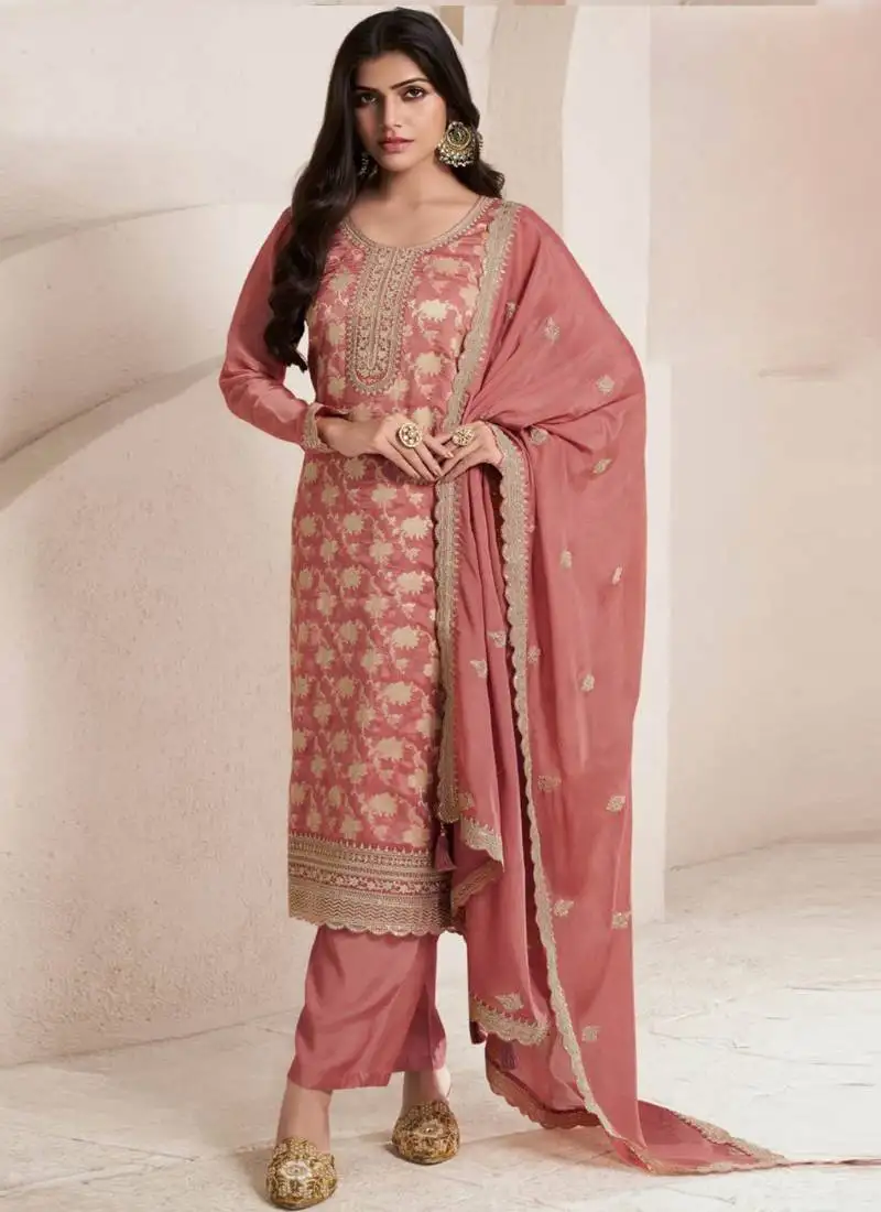 Peach silk jacquard embroidered salwar suit semi stitched