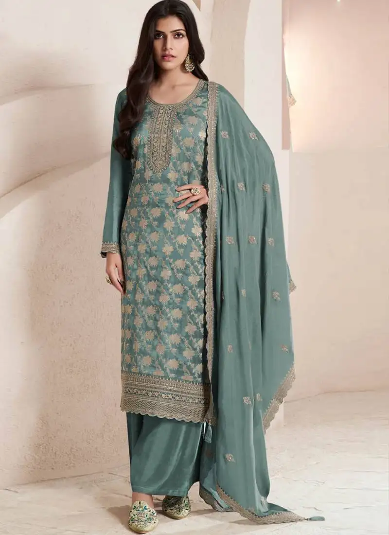 Aqua green silk jacquard embroidered salwar suit semi stitched