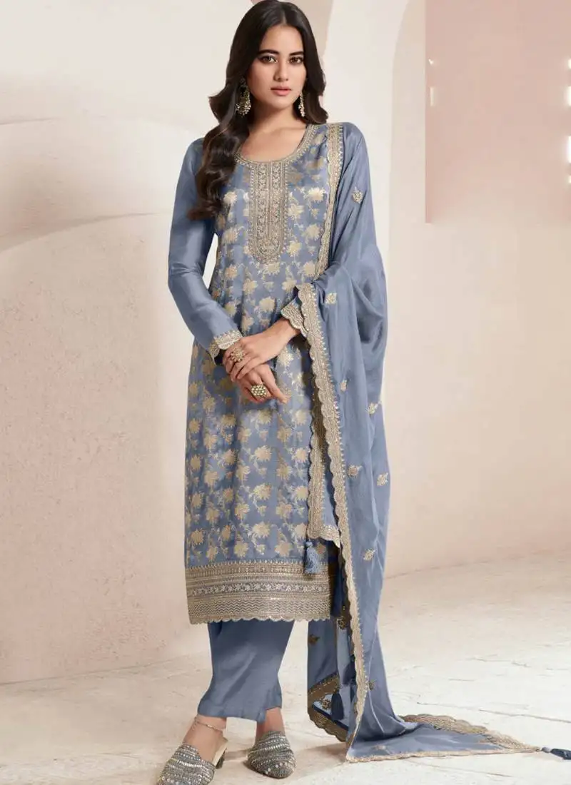Light blue silk jacquard embroidered salwar suit semi stitched