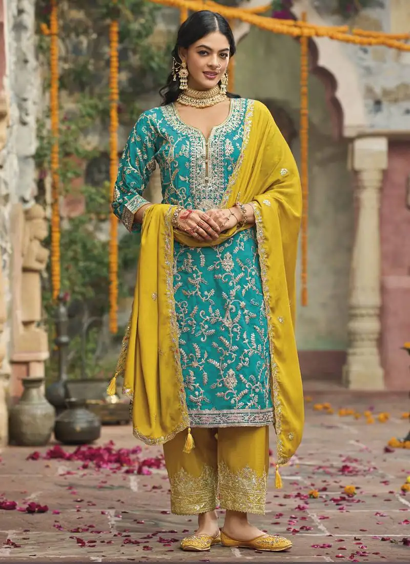 Sky blue chinon silk embroidered punjabi salwar suit stitched