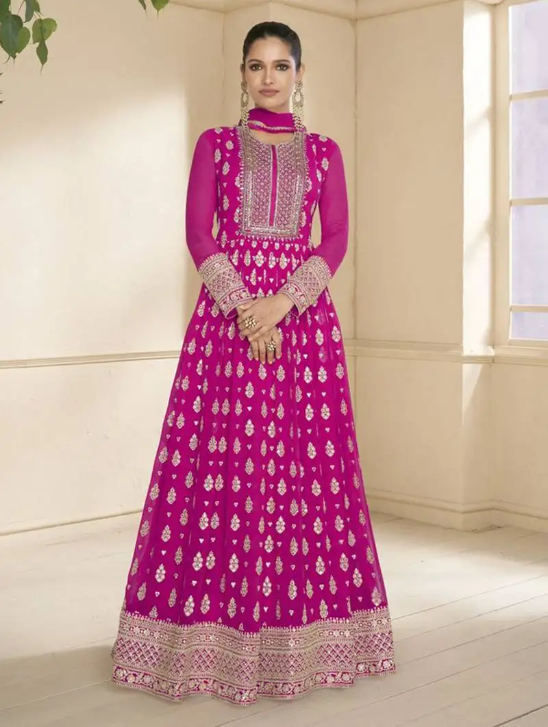 Pink embroidery zari sequence work georgette anarkali suits semi stitched