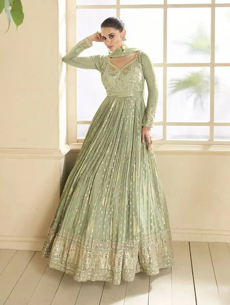 Green embroidery zari sequence work silk jacquard anarkali suits semi stitched