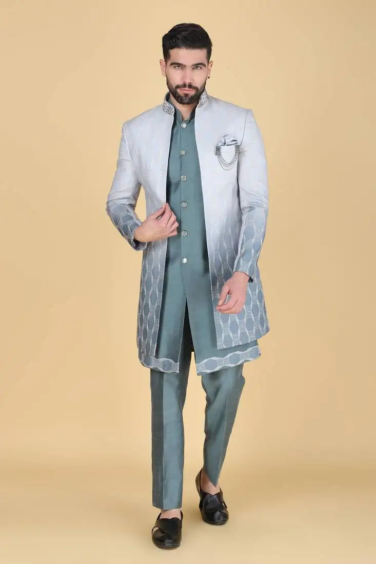 Steel blue grey thread and sequins embroidered indowestern