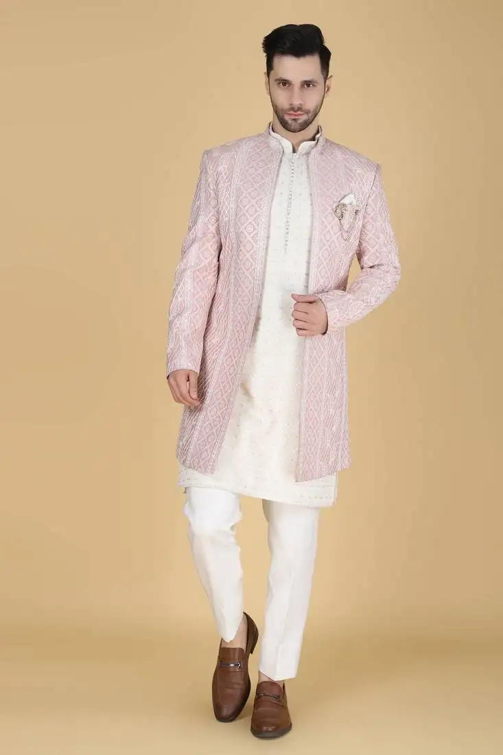 Pink thread embroidered indowestern with embroidered kurta
