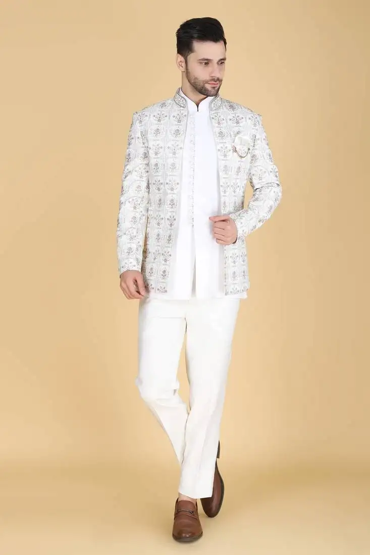 White multicolor thread and sequins embroidered short indowestern