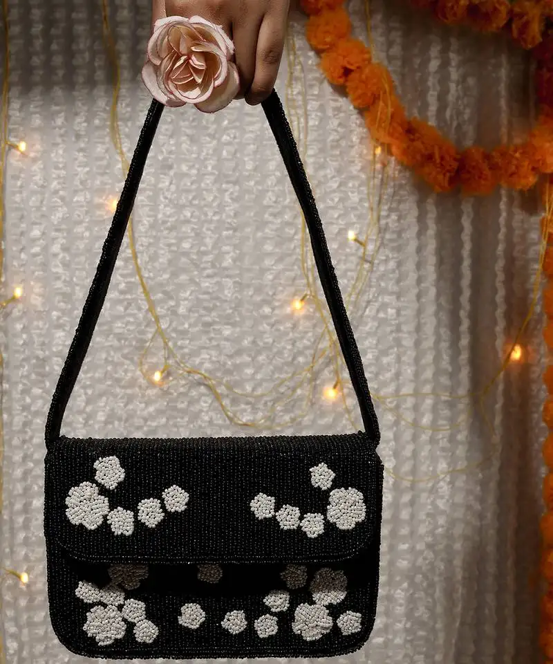 Black rose beaded velvet purse