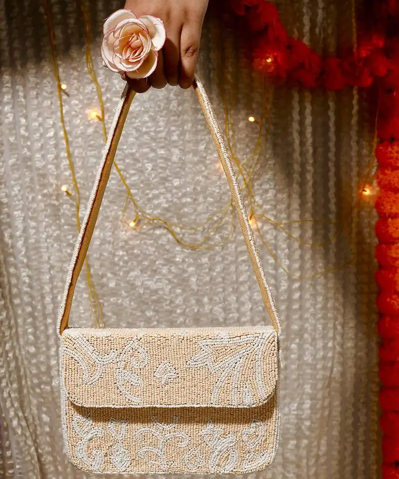 Beige blossom beaded velvet purse