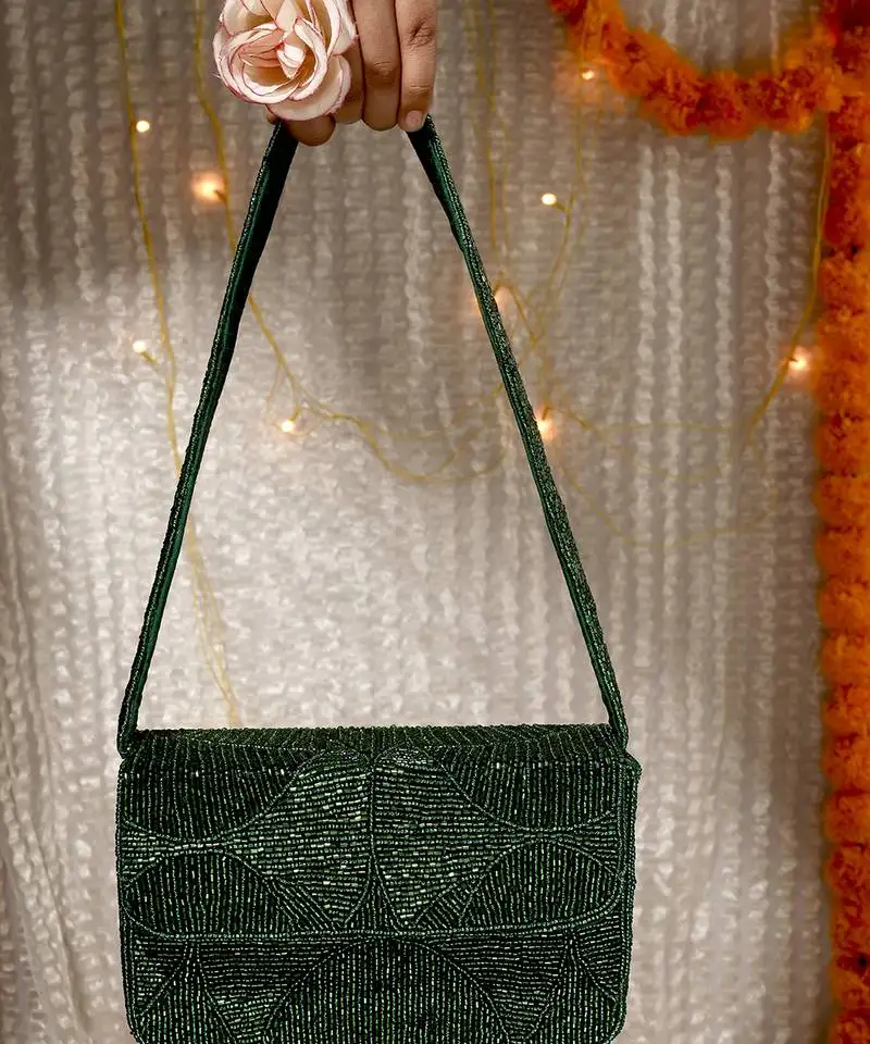 Evergreen luxe beaded velvet purse