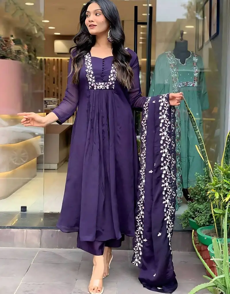 Voilet color silk fabric beautiful festive wear kurta set for girls