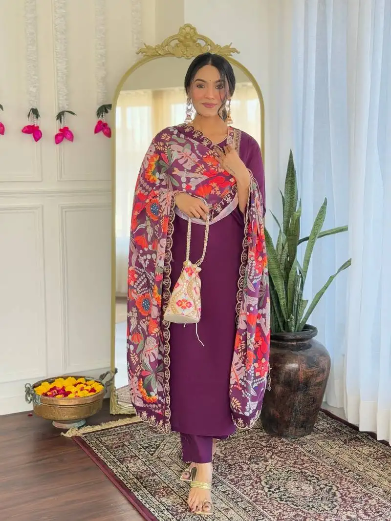 Wine color viscose chanderi fabric trendy and stylish readymade kurta set