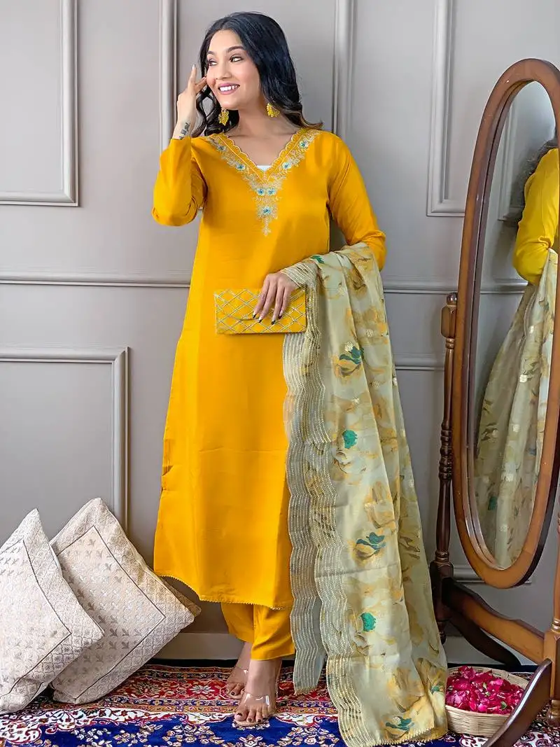 Yellow color viscose fabric ethnic embroidered readymade suit for party looks