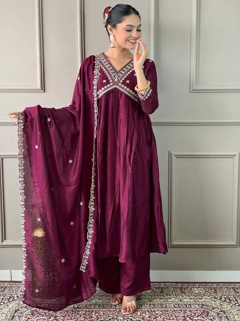Wine color vichitra silk fabric ethnic embroidered readymade suit for party looks