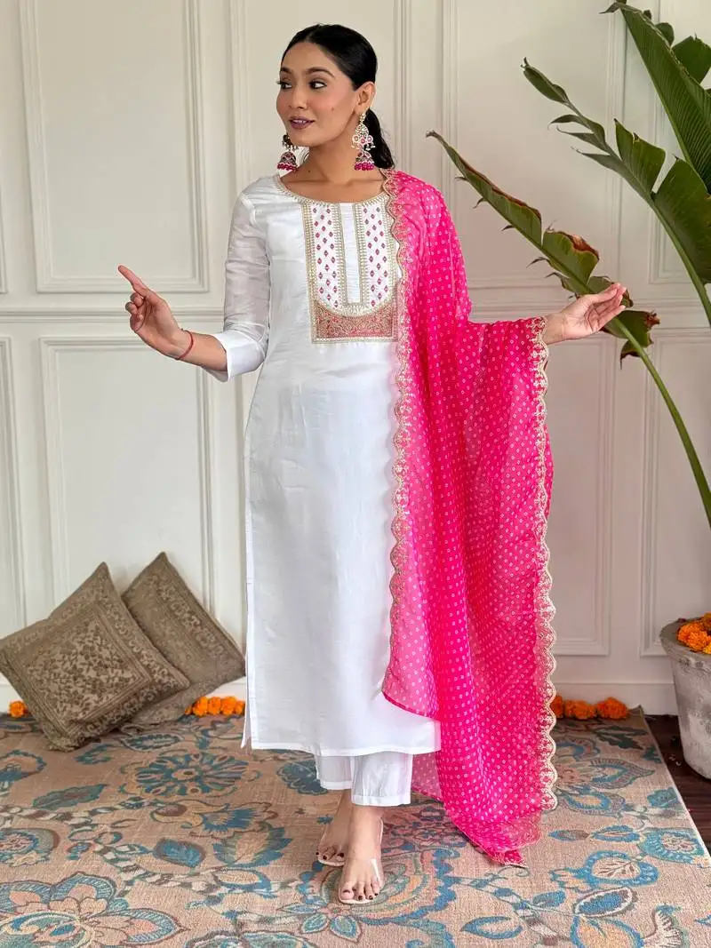 White color viscose rayon fabric ethnic embroidered readymade suit for party looks