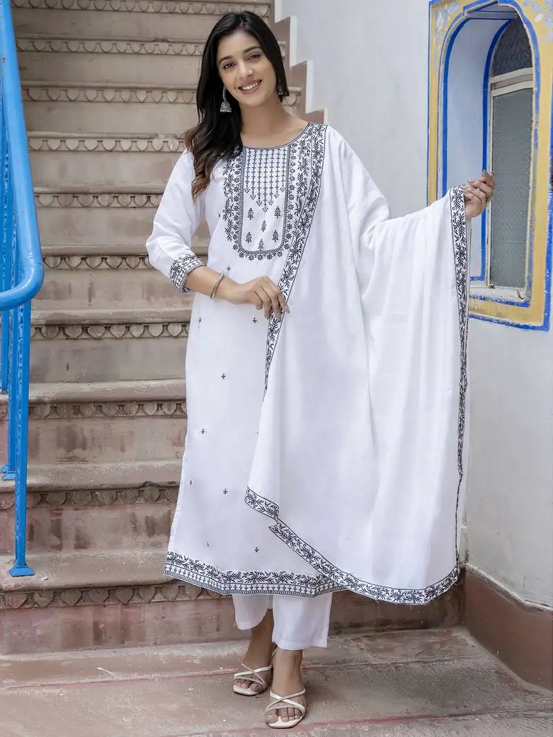 White color beautiful formal styled viscose roman silk salwar kameez