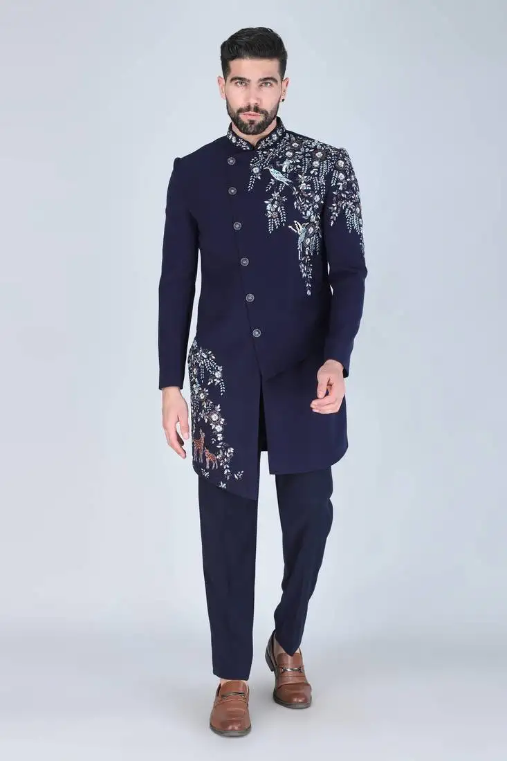 Navy blue hand embroidered designer indowestern on suiting fabric