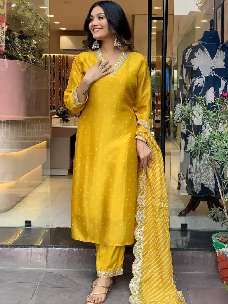 Yellow color vichitra silk fabric ethnic and festive wear readymade kurta set