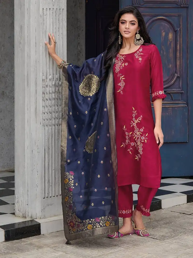 Red color woven and embroidered viscose silk fabric wedding wear women's suit