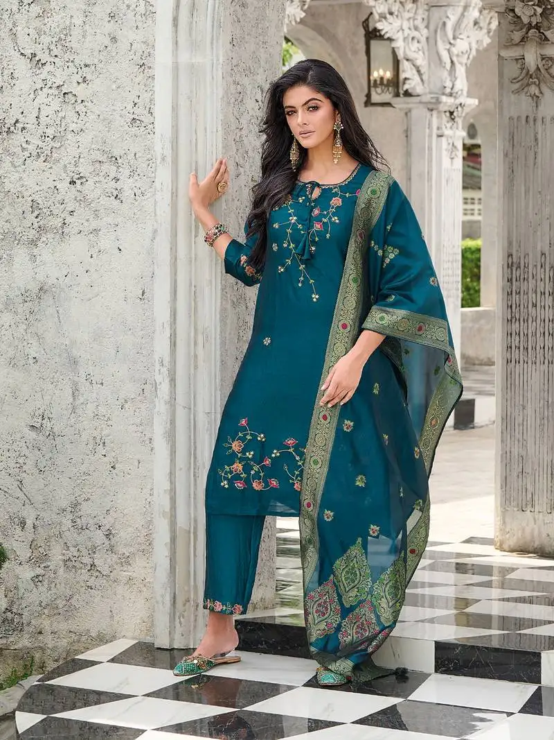 Teal color woven and embroidered viscose silk fabric wedding wear women's suit