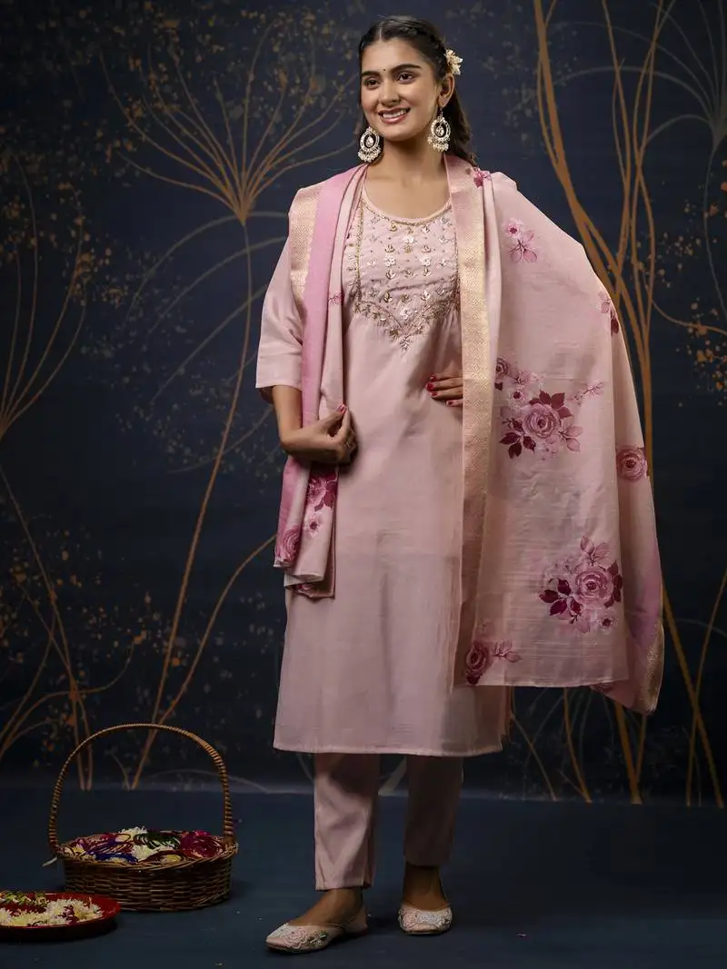 Baby pink color wevon designer with hand work shimmar silk fabic readymade suit with dupatta