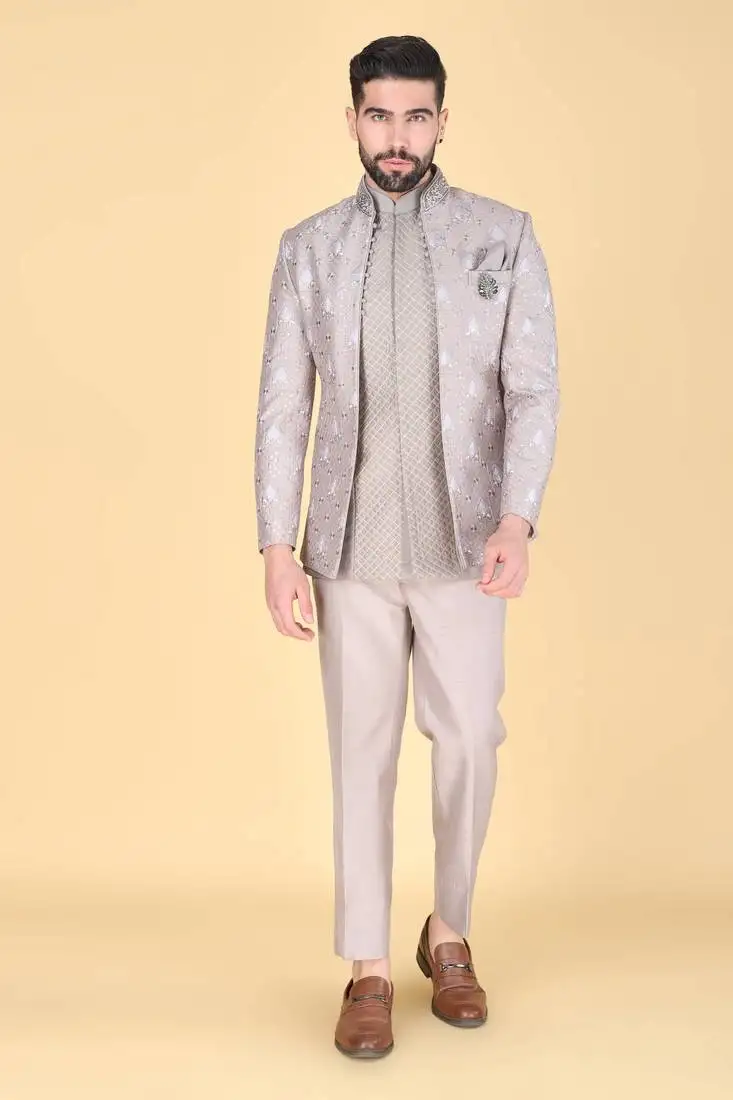 Grey short indowestern with thread and sequins embroidery on silk