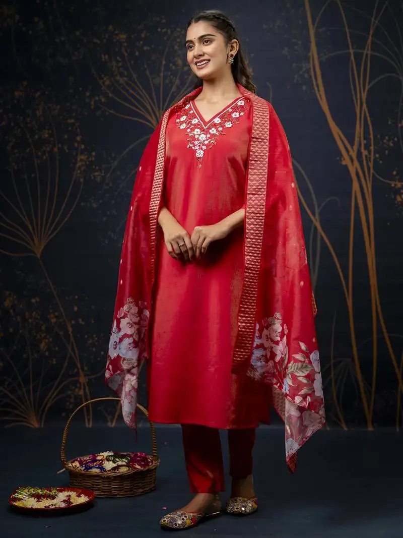Red color wevon designer with hand work shimmar silk fabic readymade suit with dupatta
