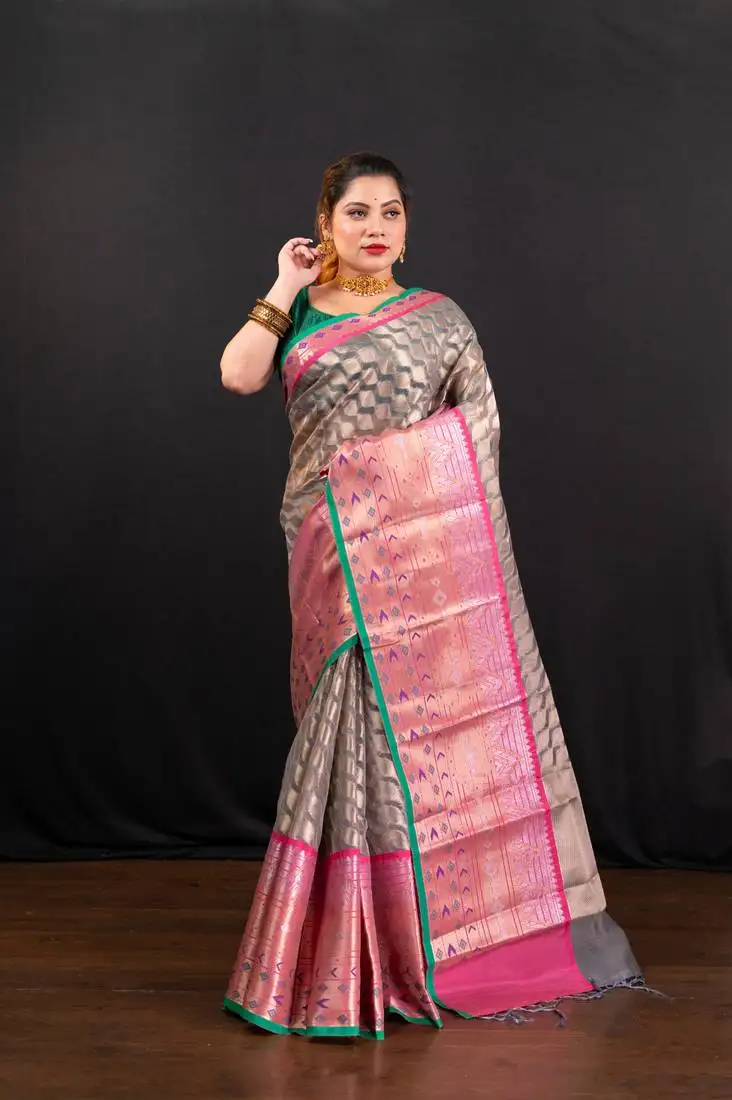 Banarasi kora organza saree in grey with white gold woven motifs and contrasting border