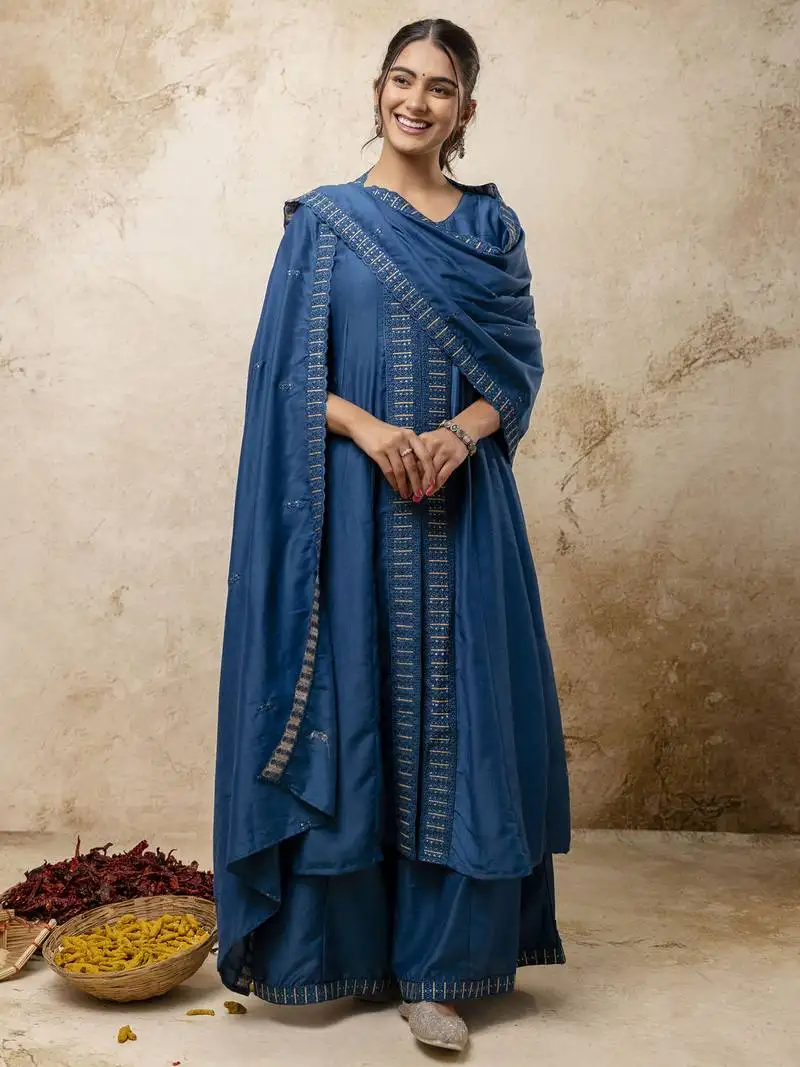 Teal blue color silk blend fabric designer embroidery work ethnic partywear palazzo dress