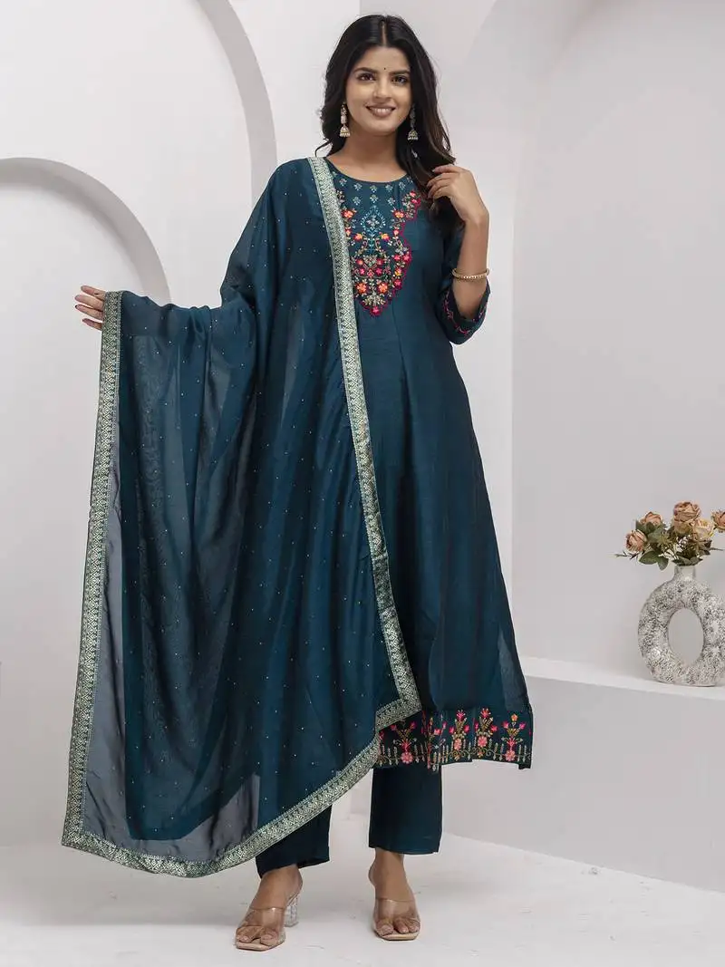Teal blue color ethnic vichitra silk fabric floral embroidery kurta set with dupatta