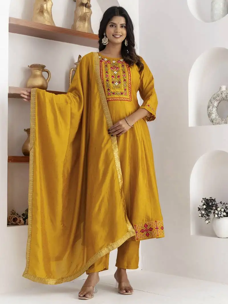 Yellow color ethnic vichitra silk fabric floral embroidery kurta set with dupatta