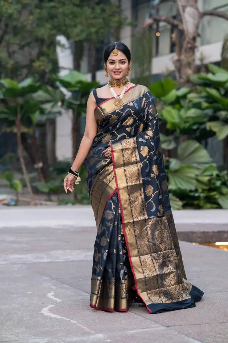 Black banarasi art silk saree with golden floral motifs