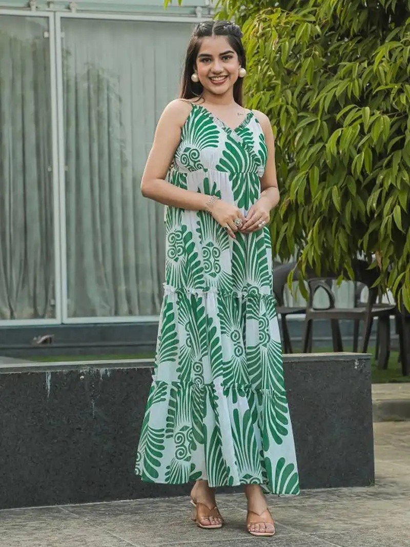 Green color rayon fabric beautiful printed partywear long kurta