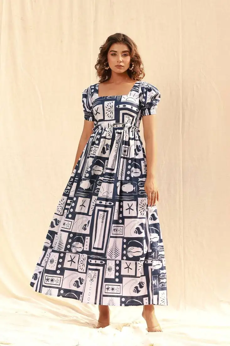 Blue color rayon fabric beautiful printed partywear long kurta