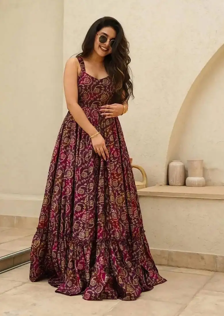 Wine color rayon fabric beautiful printed partywear long kurta