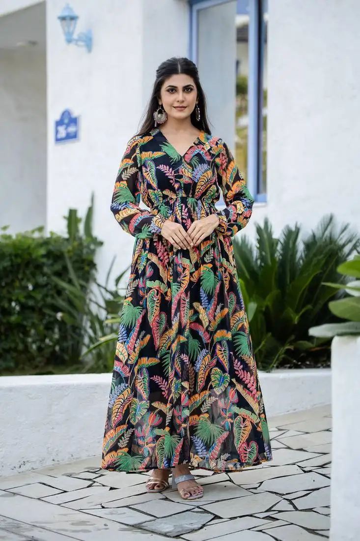 Black color rayon fabric designer printed ceremonial long kurta