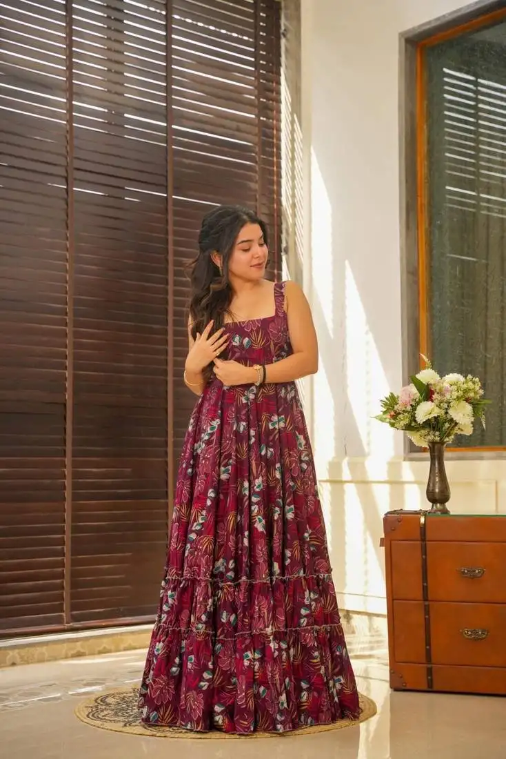 Wine color rayon fabric designer printed ceremonial long kurta