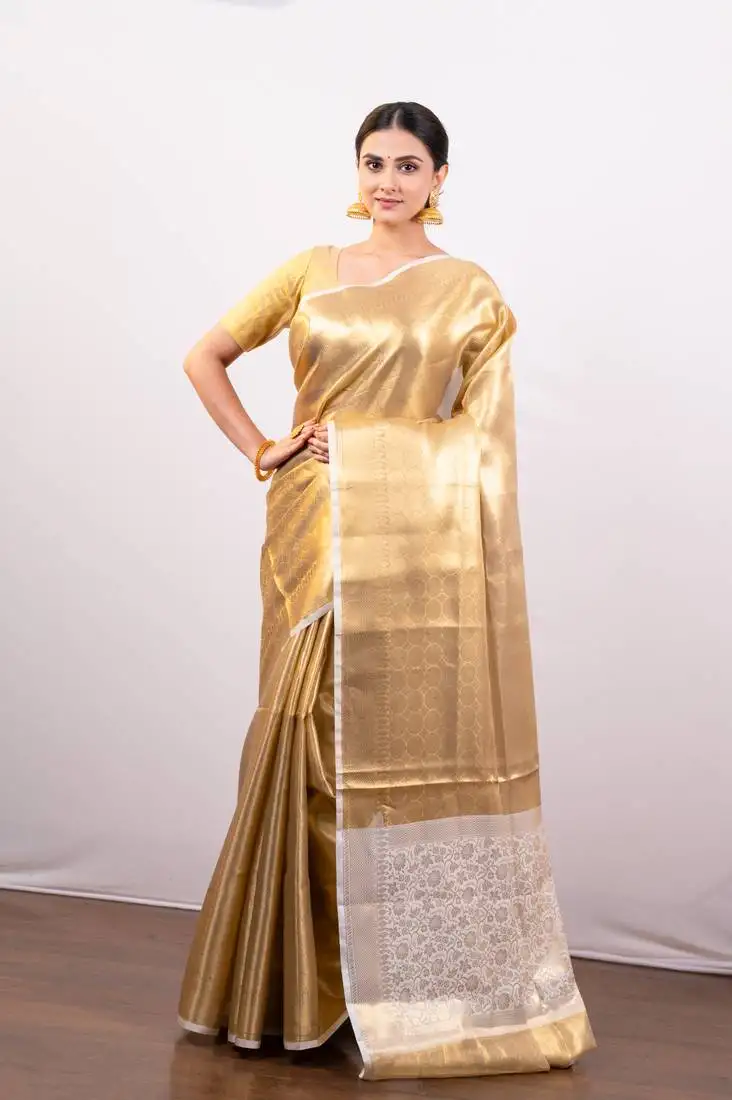 Gold tissue art silk saree with contrasting border