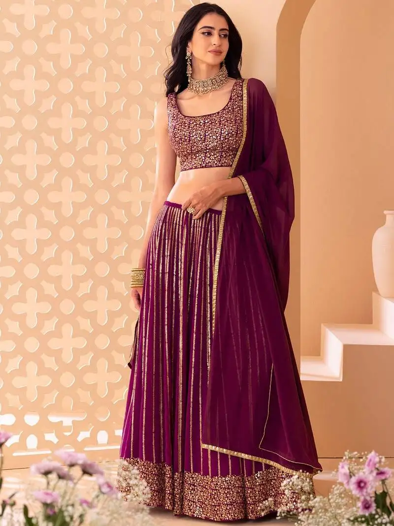Wine georgette designer sequin and jari embroidery work lehenga