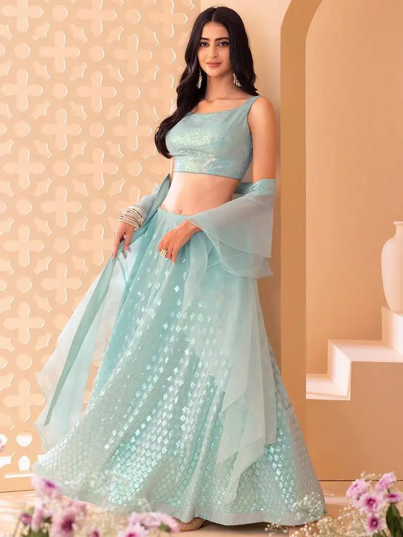 Blue georgette designer sequins and thread embroidery work lehenga