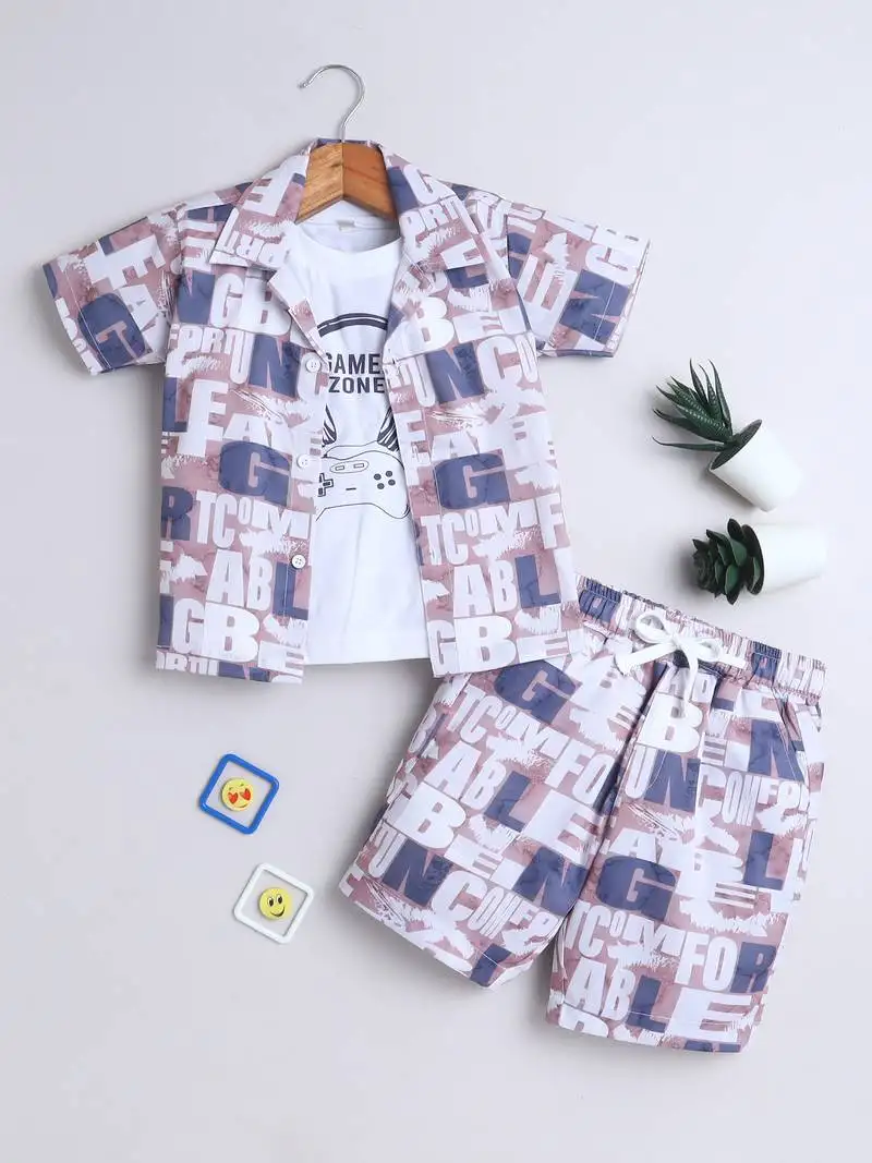 Beige alphabet printed cotton blend co-ord set