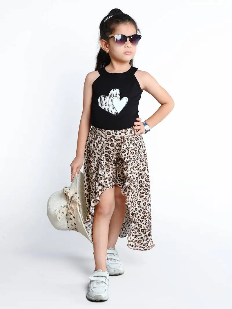 Black animal printed cotton blend co-ord set for kids