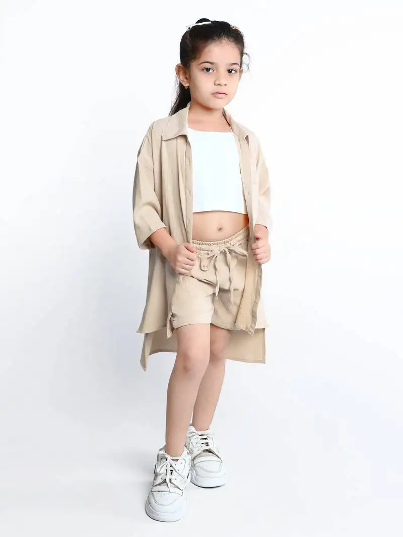 Beige plain cotton oversize co-ord set for kids