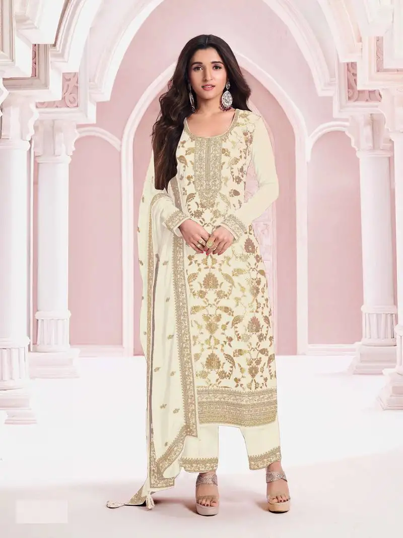 White color pure jacquard viscos ceremonial salwar kameez semi stitched
