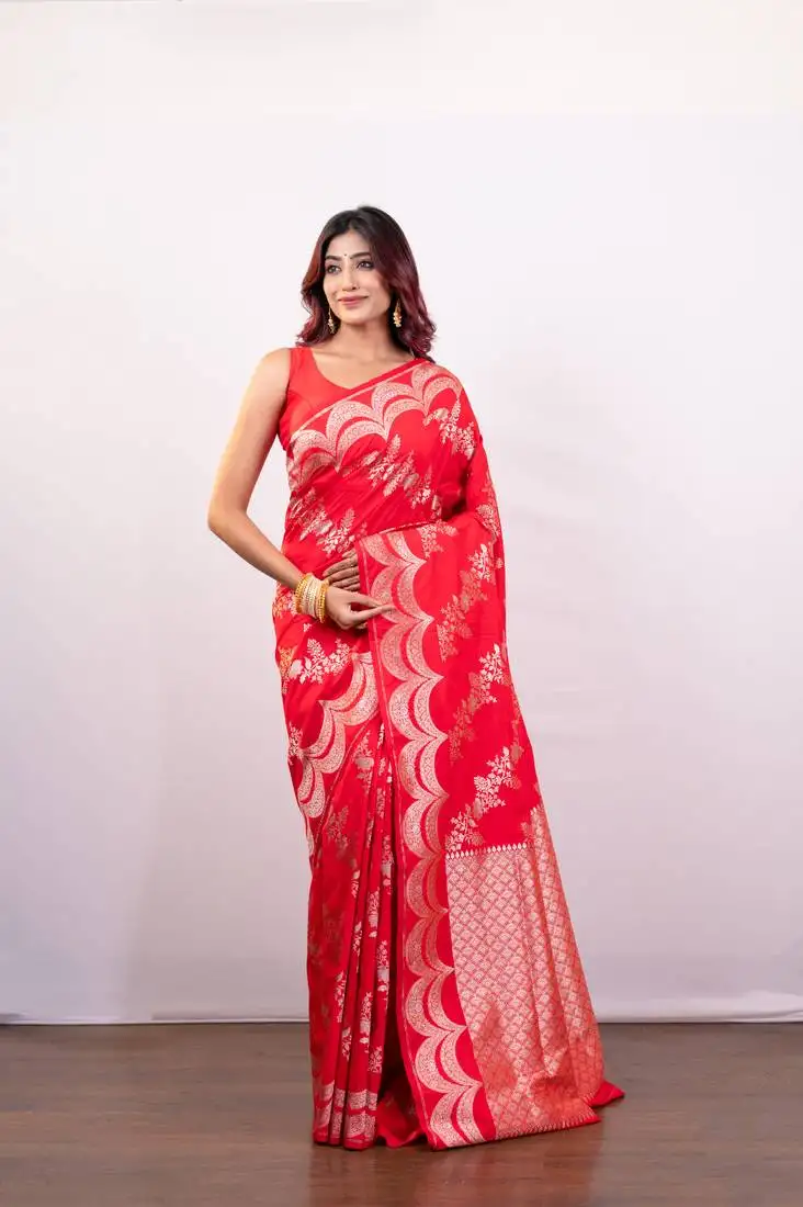 Red pure banarasi katan silk saree with silver zari necklace border and floral motifs