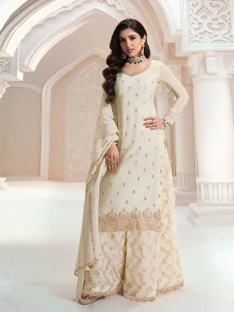 White color ethnic and designer chinon fabric heavy embroidered sharara suit semi stitched