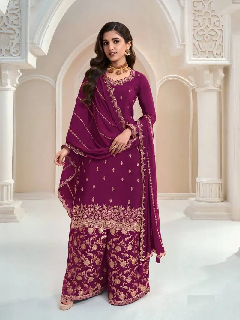 Wine color ethnic and designer chinon fabric heavy embroidered sharara suit semi stitched